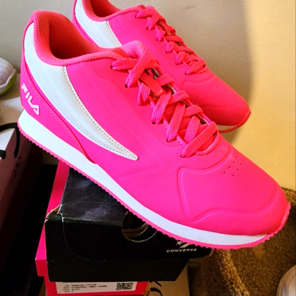 Womens Fila Hot Pink and White Athleisure Sneakers
